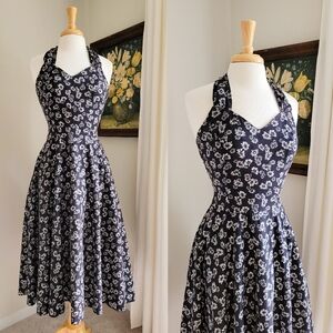 90s Black Floral Sweetheart Halter Open Back 1990 Vintage Fit & Flare Midi Dress